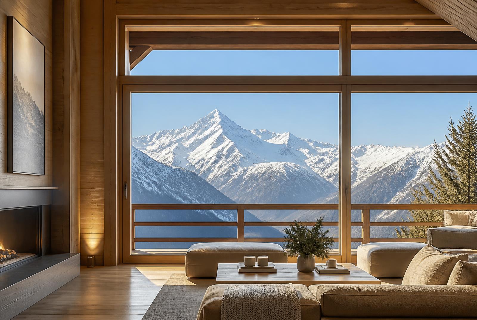 Baie vitrée impeccable avec vue sur les sommets du Mont-Blanc