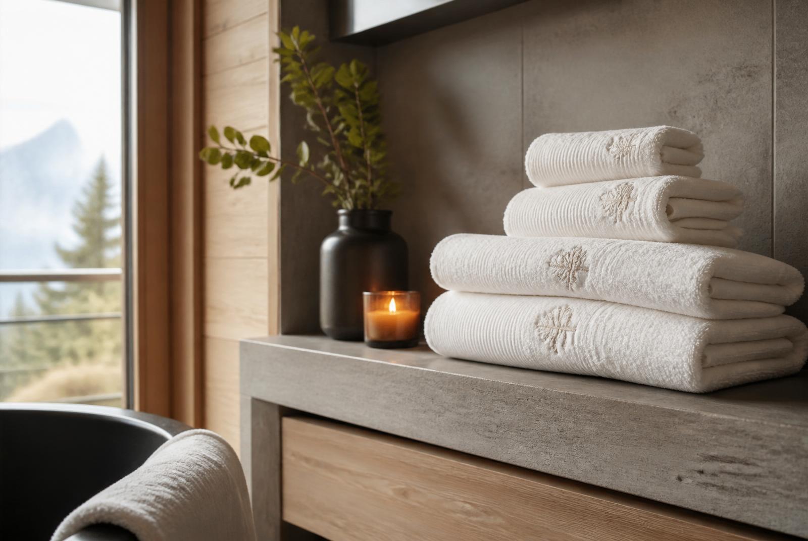 Serviettes blanches pliées avec soin sur une console de salle de bain de chalet alpin