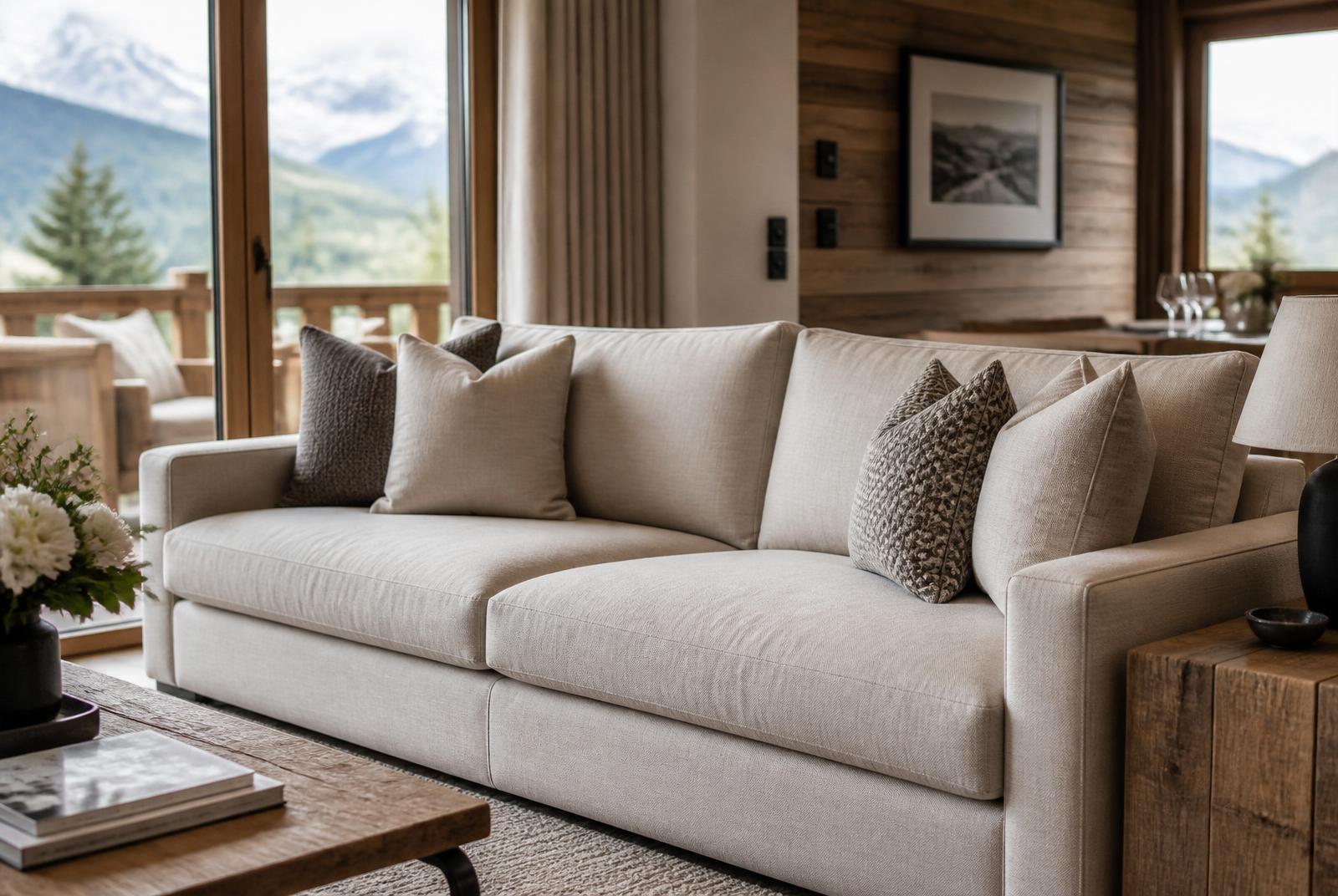 Canapé en lin fraîchement nettoyé dans un salon lumineux de chalet