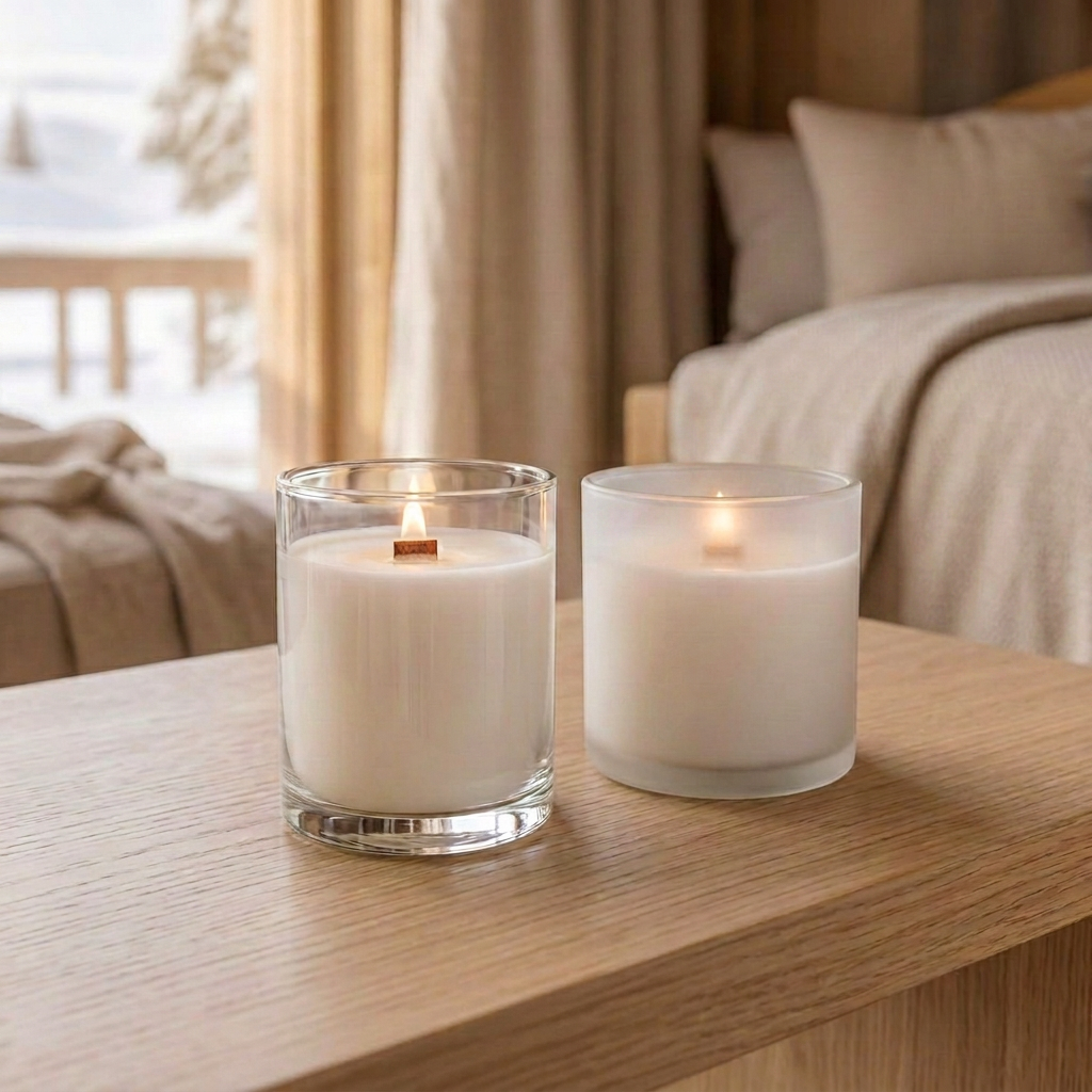 Two plain glass candles on a light wooden table, indoors, snow visible through the window — winter script
