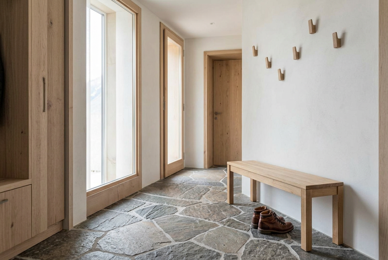 Entrance hall of a modern family chalet with a wooden bench and built-in storage