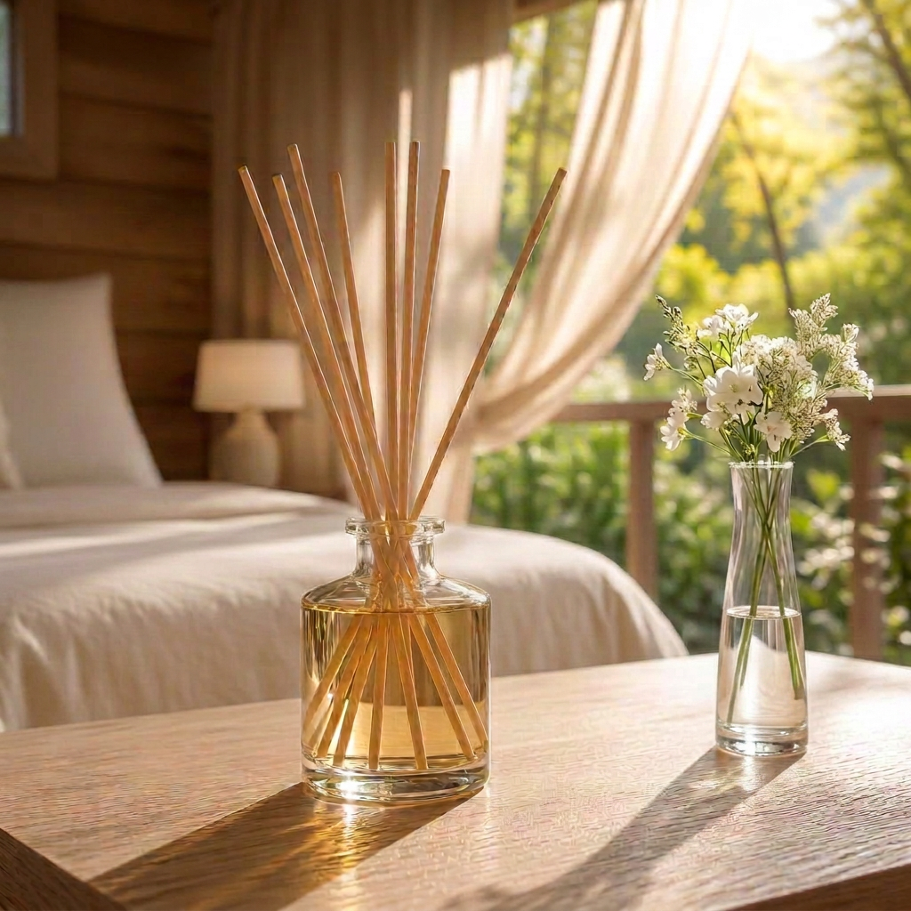 Plain glass fragrance diffuser on a light wooden table, a small vase of white flowers beside it, window open onto sunlit summer foliage — summer script