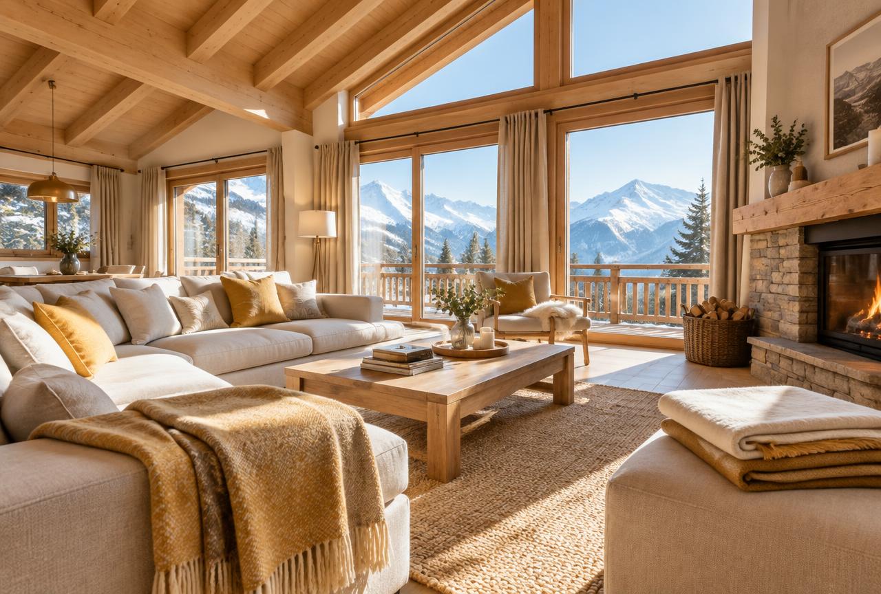Salon lumineux d'un chalet familial soigné, face aux Alpes