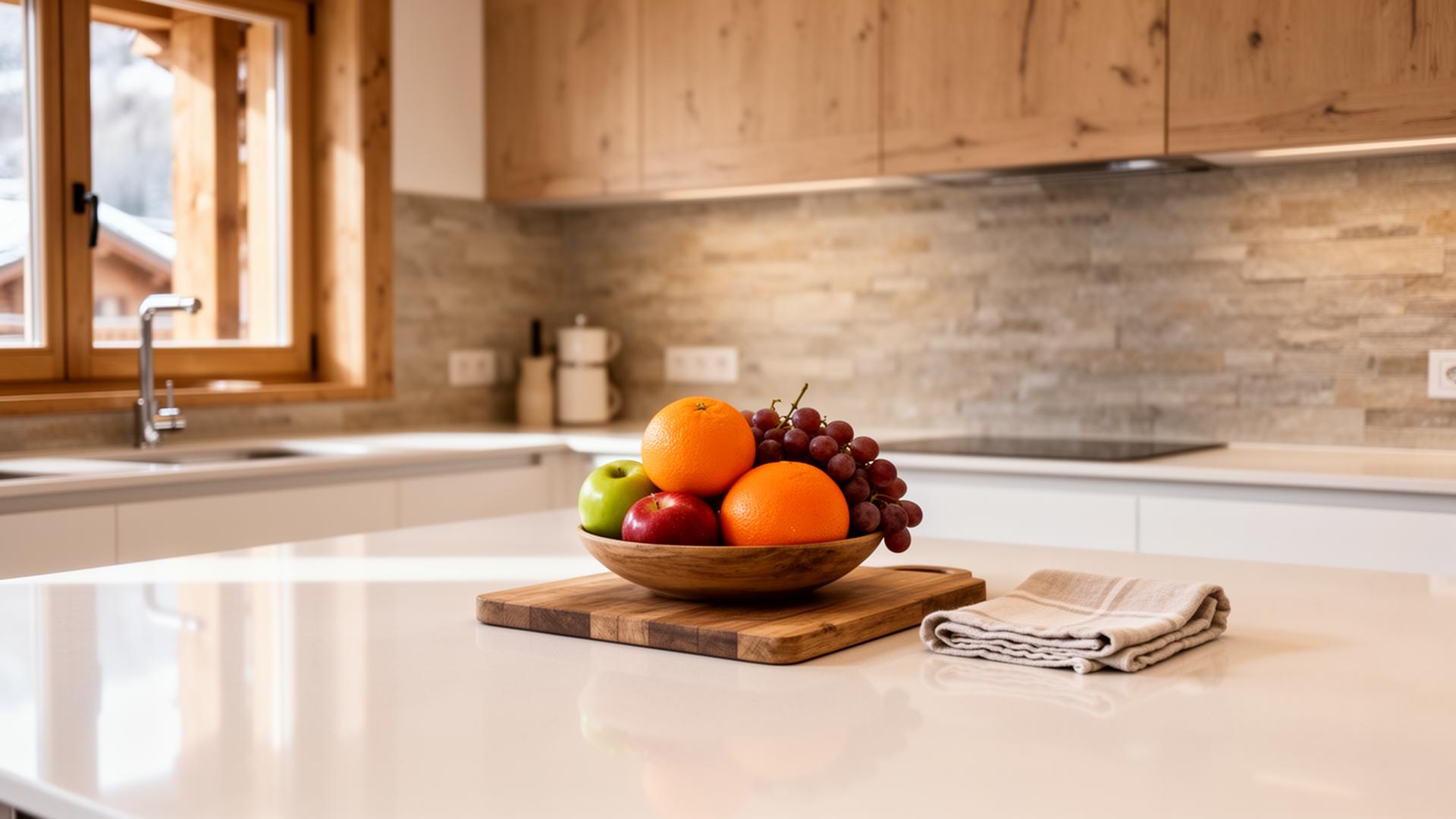 Cuisine de chalet nettoyée et prête pour l'arrivée des voyageurs