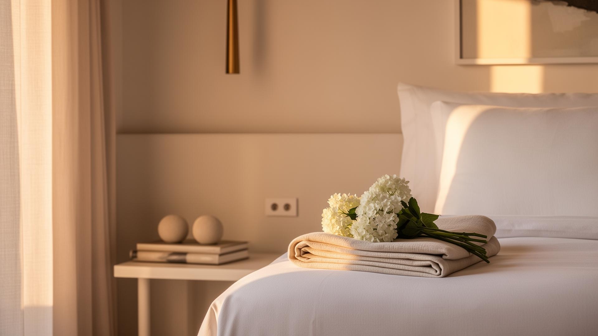 Intérieur soigné — linge plié, fleurs fraîches et lumière douce